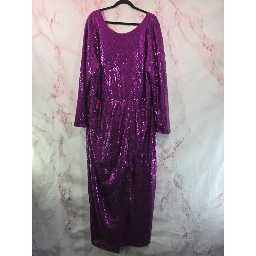 Eloquii Dress Womens 26 3X Purple Midi Sequin Long Sleeve Stretch Knit Slit